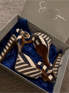 Jessica Simpson Navy and White Striped Platform Heels